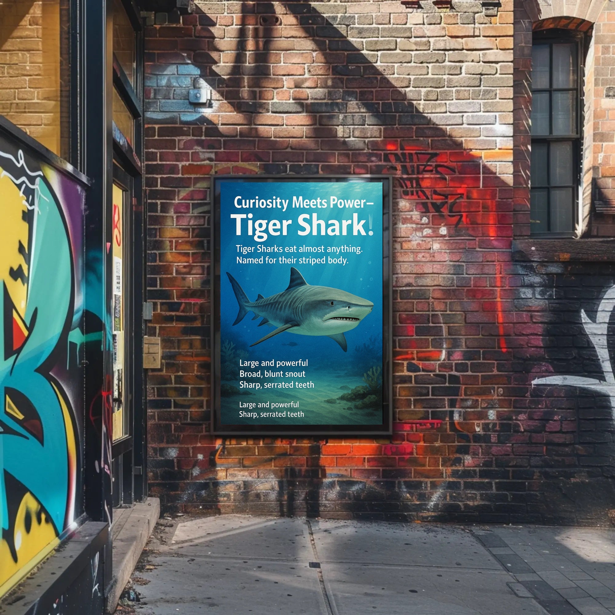 Curiosity Meets Power Tiger Shark Poster PosterGoat