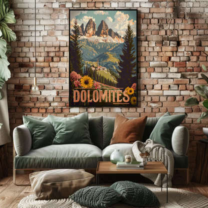 Dolomites Village Flower Meadow Travel Poster