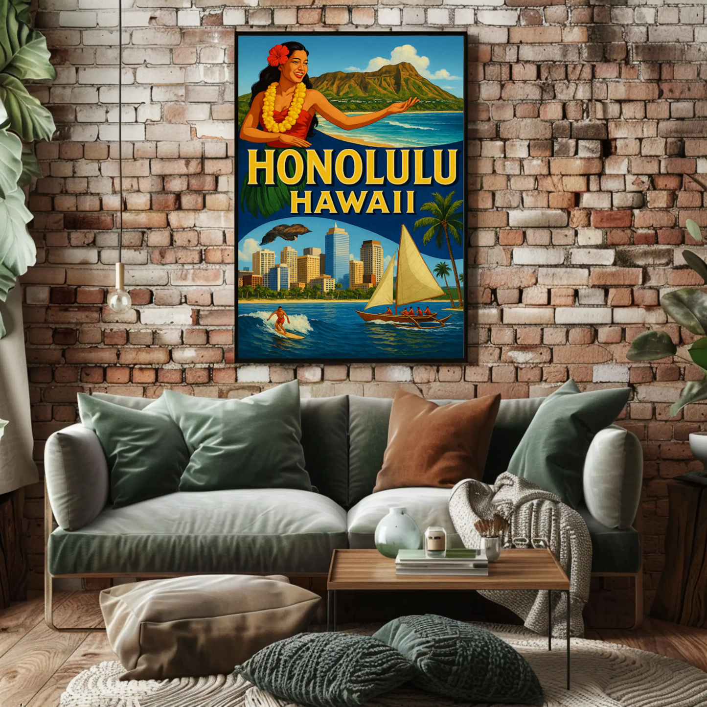 Honolulu Hawaii Surfer Skyline Hula Travel Poster