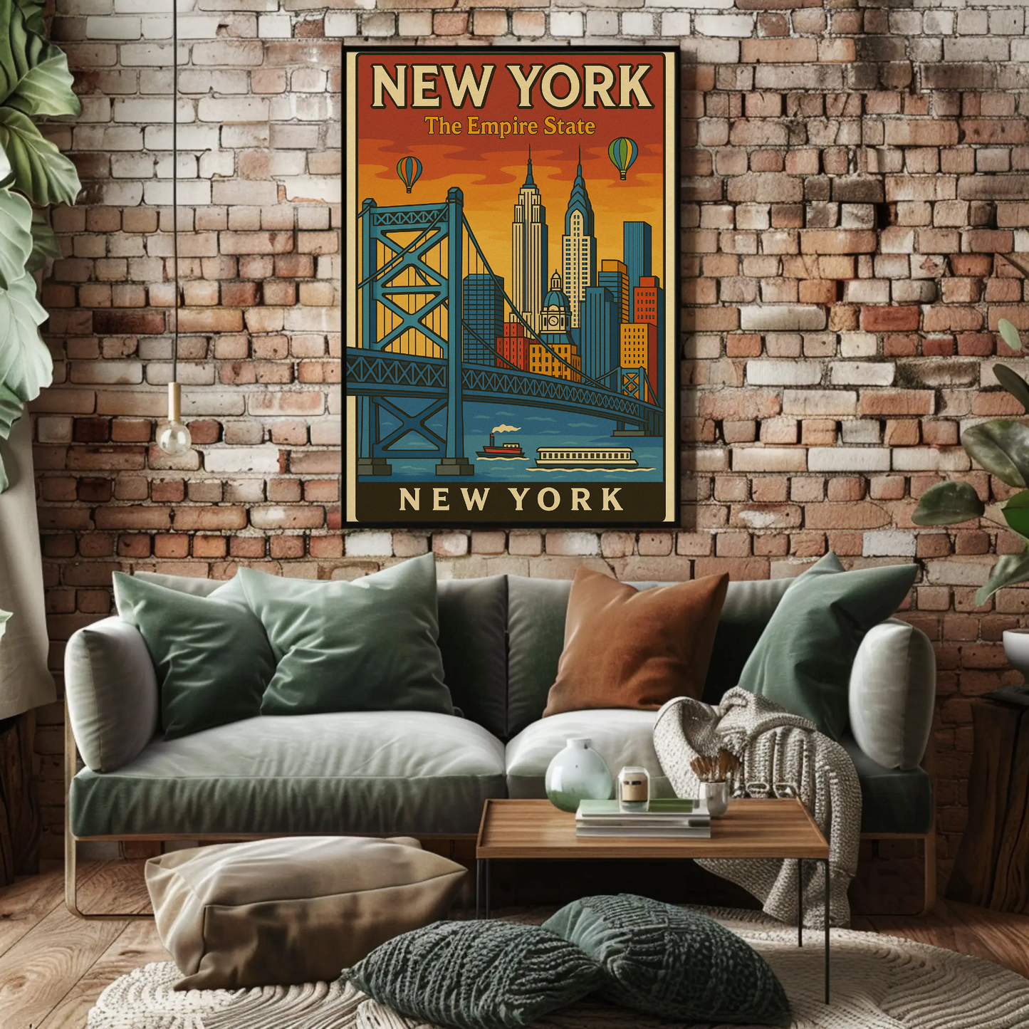 New York Empire State Skyline Bridge Vintage Poster