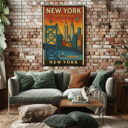 New York Empire State Skyline Bridge Vintage Poster