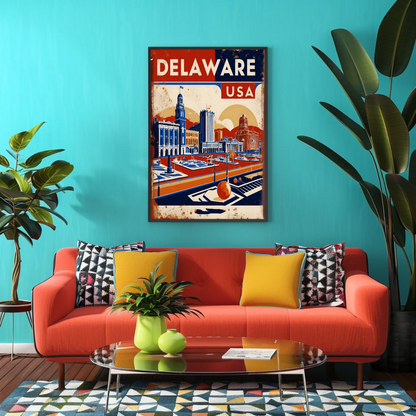 Delaware Waterfront Skyline Retro USA Vintage Maroon Travel Poster