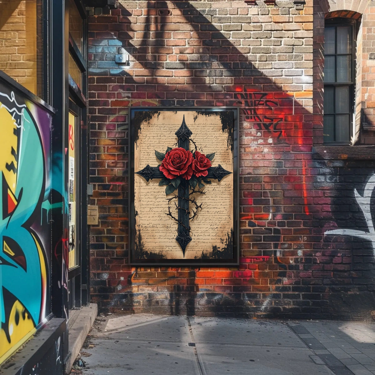Gothic Cross with Red Roses Artistic Wall Decor Poster