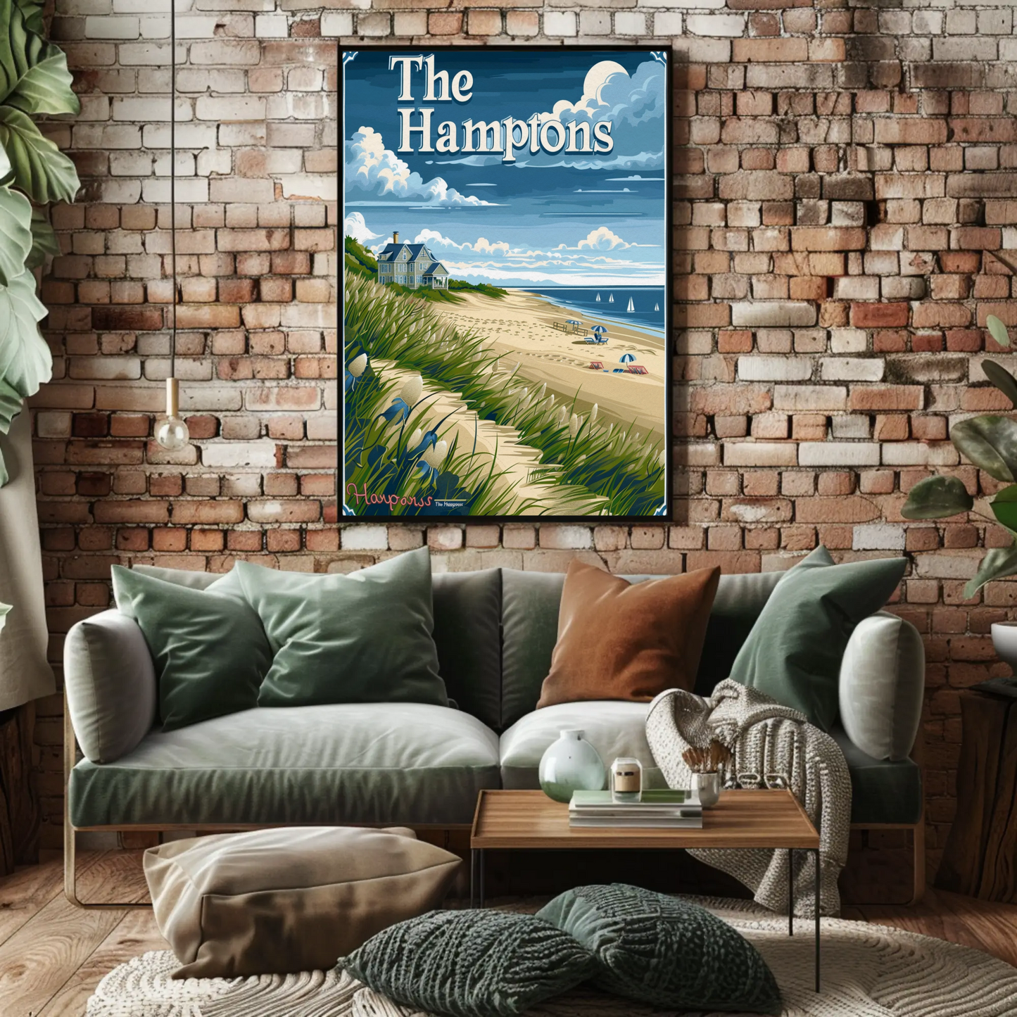 The Hamptons Beach Dunes House Umbrellas Travel Poster