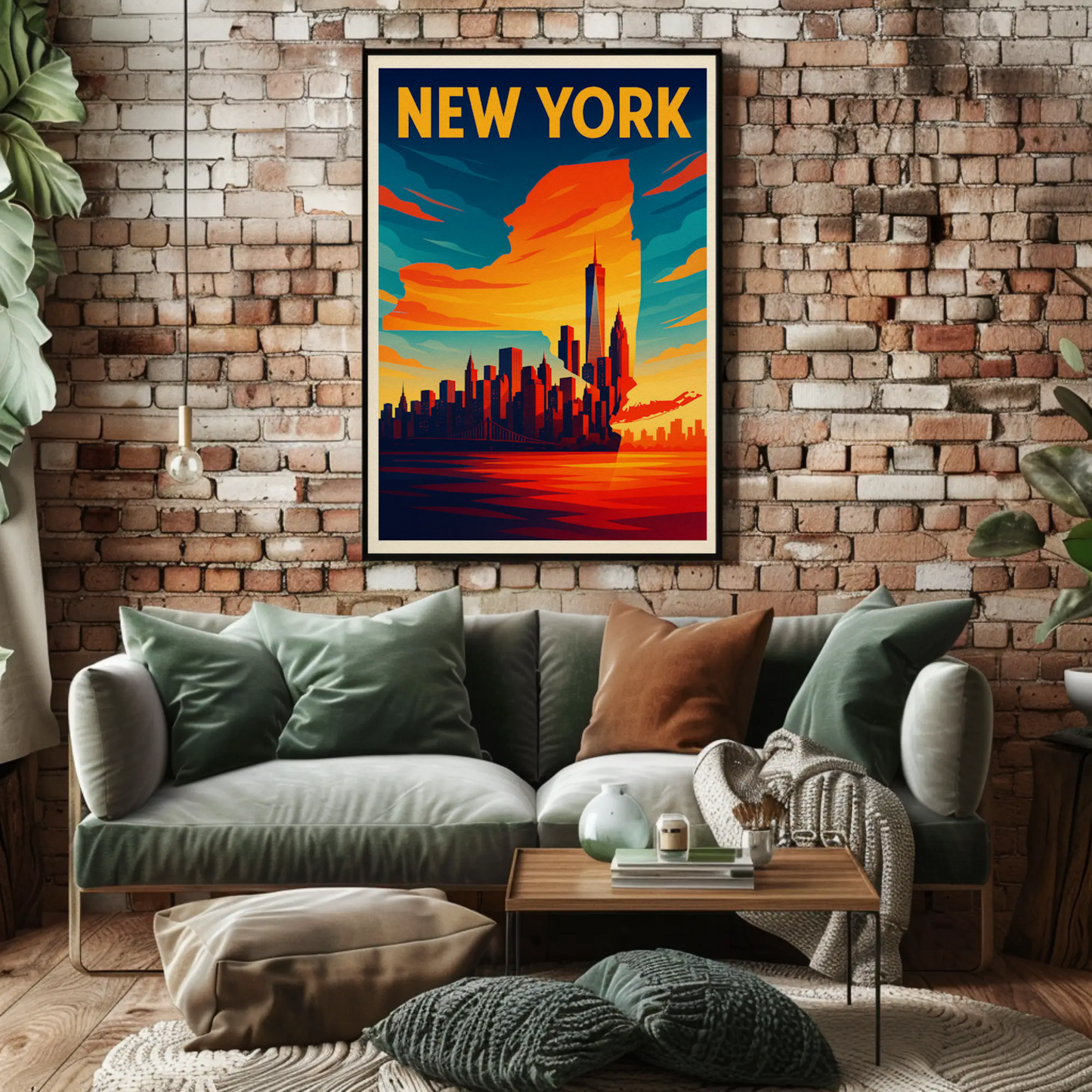 New York State Outline Skyline Sunset Silhouette Travel Poster