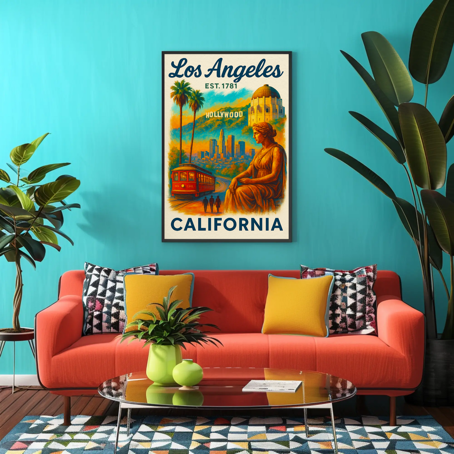 Los Angeles Hollywood Griffith Trolley Sunset Vintage Travel Poster