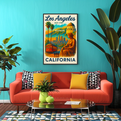 Los Angeles Hollywood Griffith Trolley Sunset Vintage Travel Poster