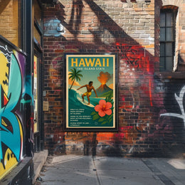 Hawaii Adventure Vintage Travel Poster: Surfing & Volcano