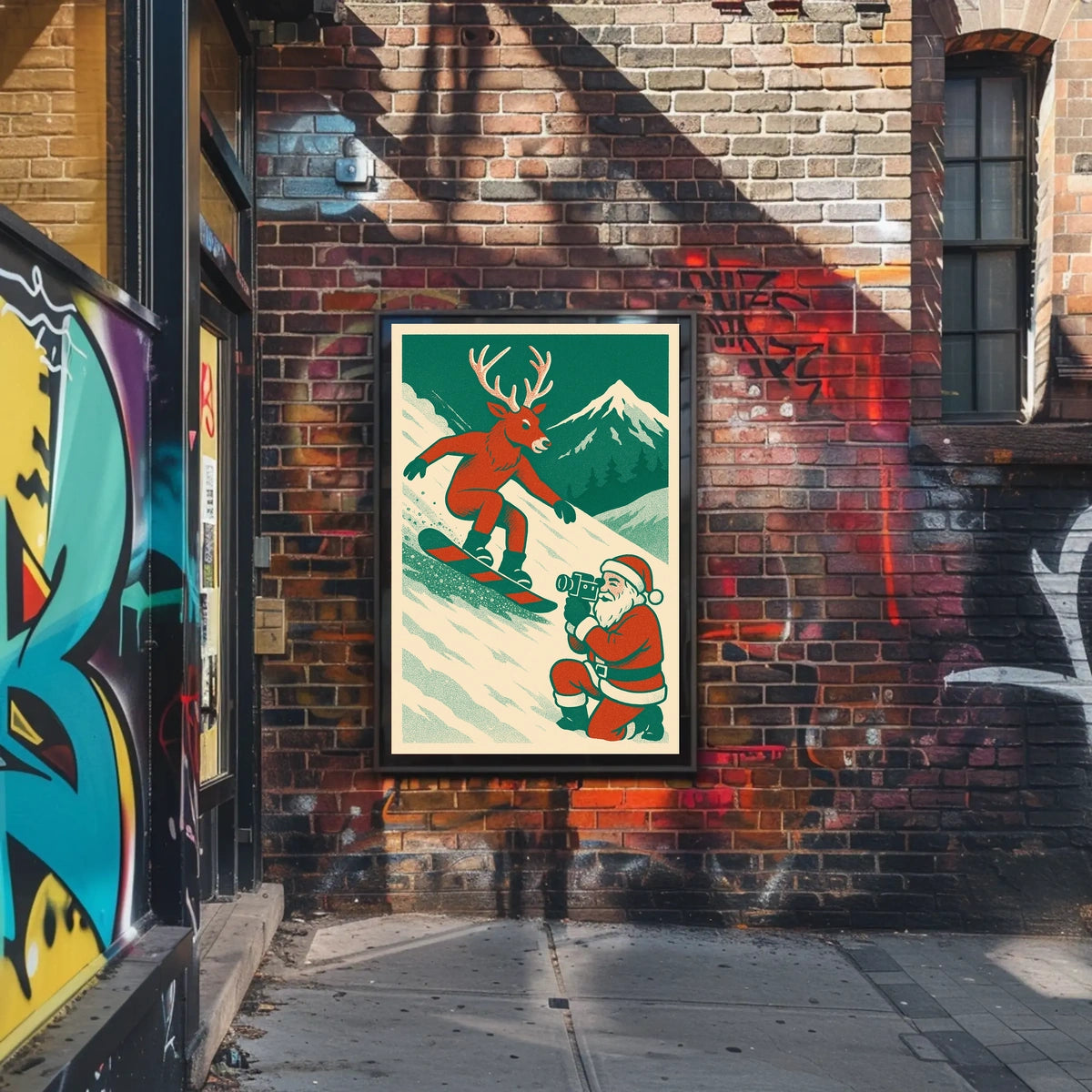 Whimsical Reindeer Snowboarding Vintage Holiday Poster