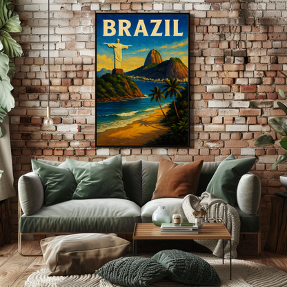 Brazil Rio De Janeiro Christ Statue Beach Travel Poster