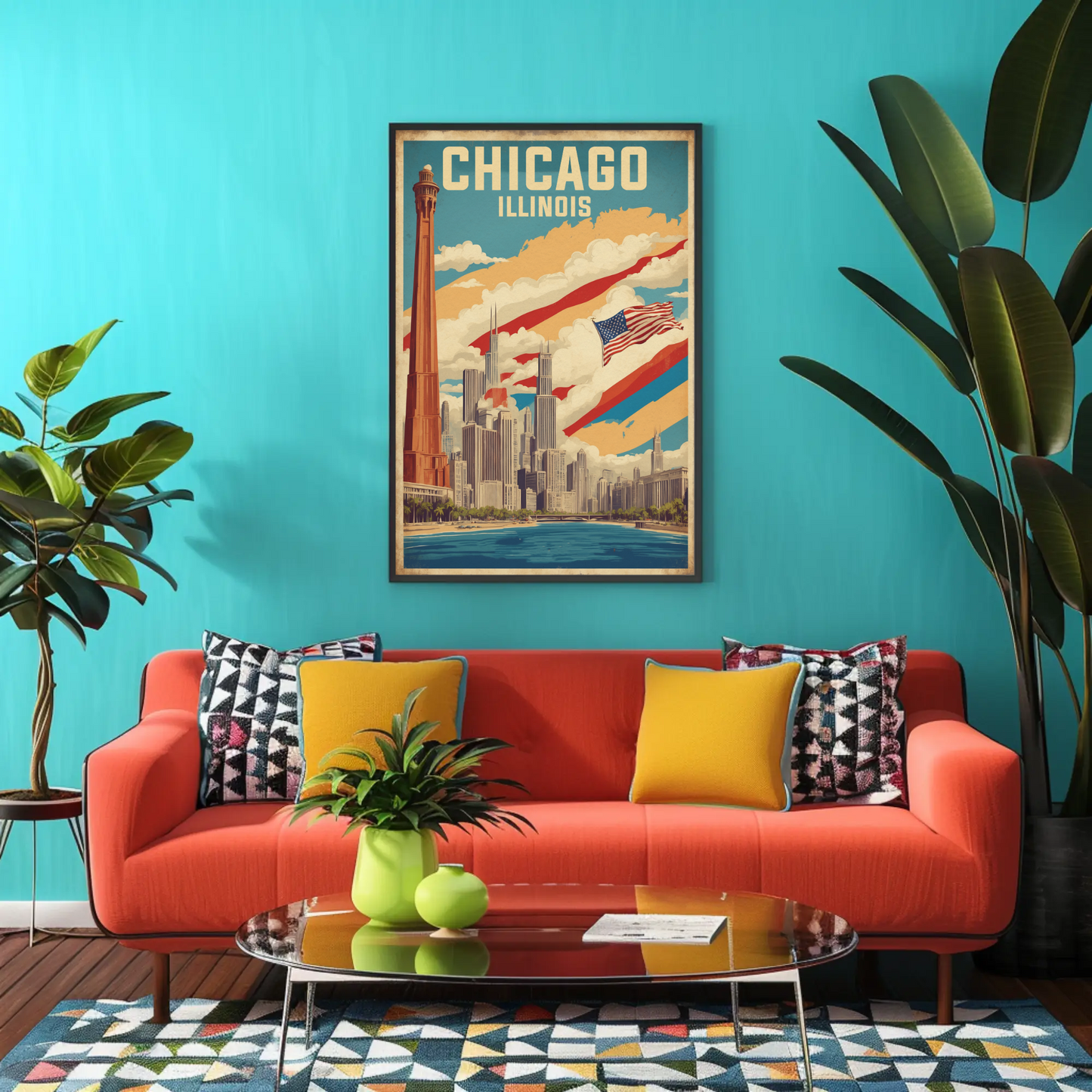 Chicago Illinois Skyline American Flag Cityscape Vintage Travel Poster