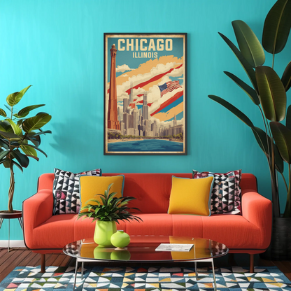 Chicago Illinois Skyline American Flag Cityscape Vintage Travel Poster
