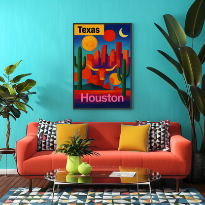 Texas Houston Longhorn Cactus Sunset Cityscape Vintage Travel Poster
