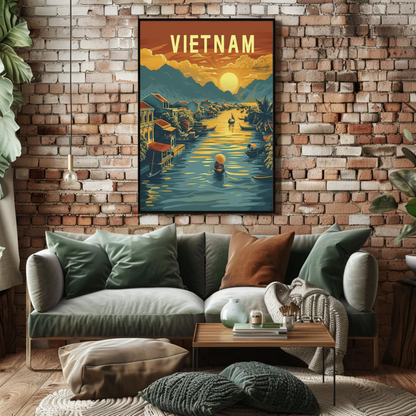 Vietnam River Sunset Floating Village Travel Poster