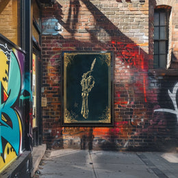 The poster depicts a skeletal hand holding a quill pen, set against a Travel Poster