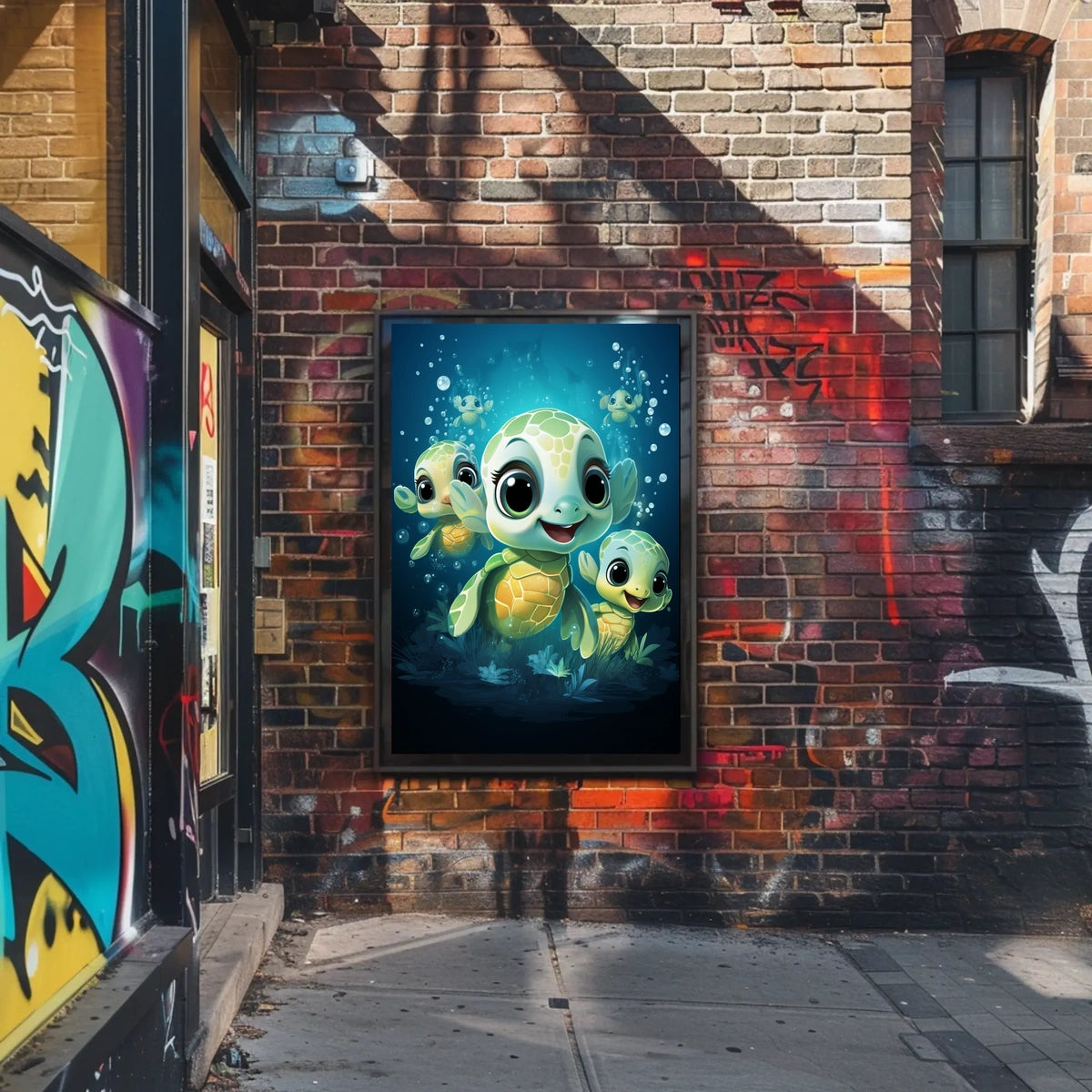 Adorable Sea Turtles Underwater Cartoon Poster Print