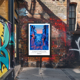 Chefchaouen Twilight: Dreamy Moroccan Urban Cityscape Poster