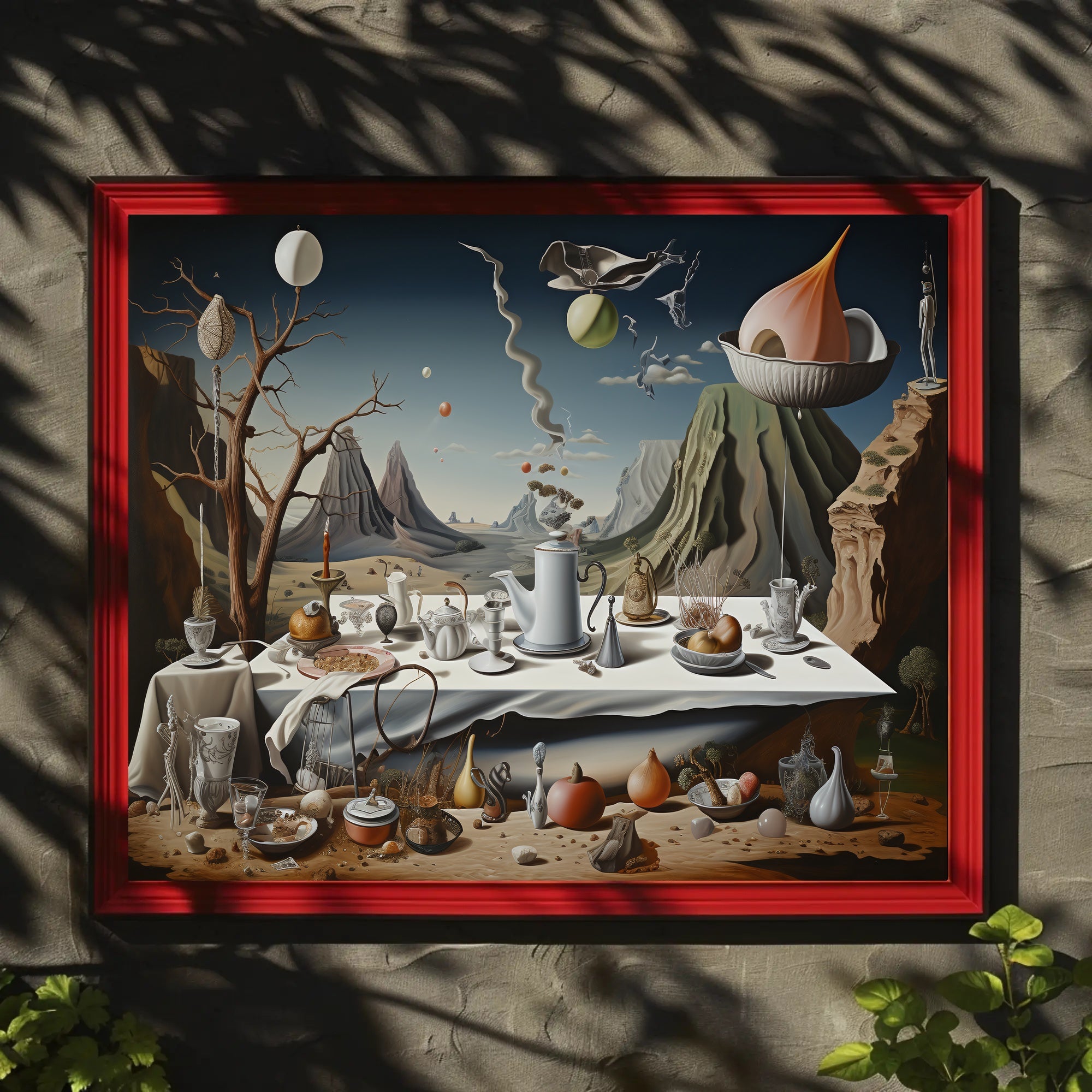Surreal Dreamscape with Chaotic Still Life Artistic Poster