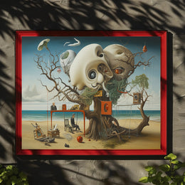 This surreal poster depicts a fantastical scene on a beach setting. Dominating the Travel Poster