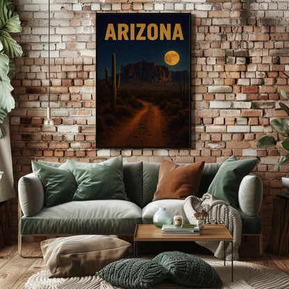 Arizona Desert Moonlight Pathway With Cactus Travel Poster