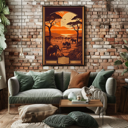 African Savanna Elephants Sunset Wildlife Travel Poster