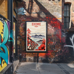 Stylized Traditional Ehime Japan Landscape Art Travel Poster