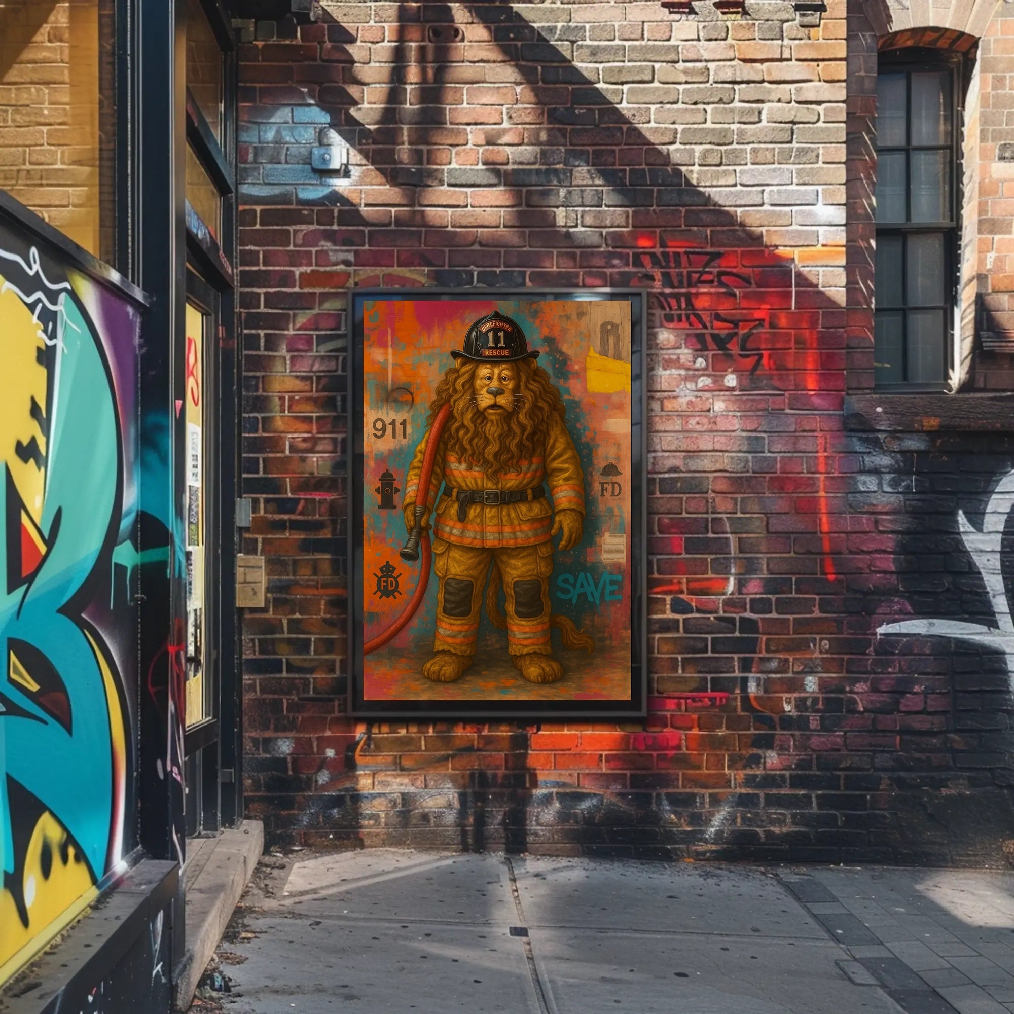 Firefighter Lion Artwork for Dramatic Animal Poster