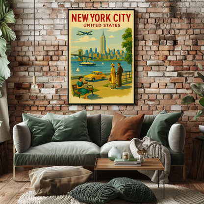 New York City 1950s Skyline Brooklyn Bridge Travel Poster