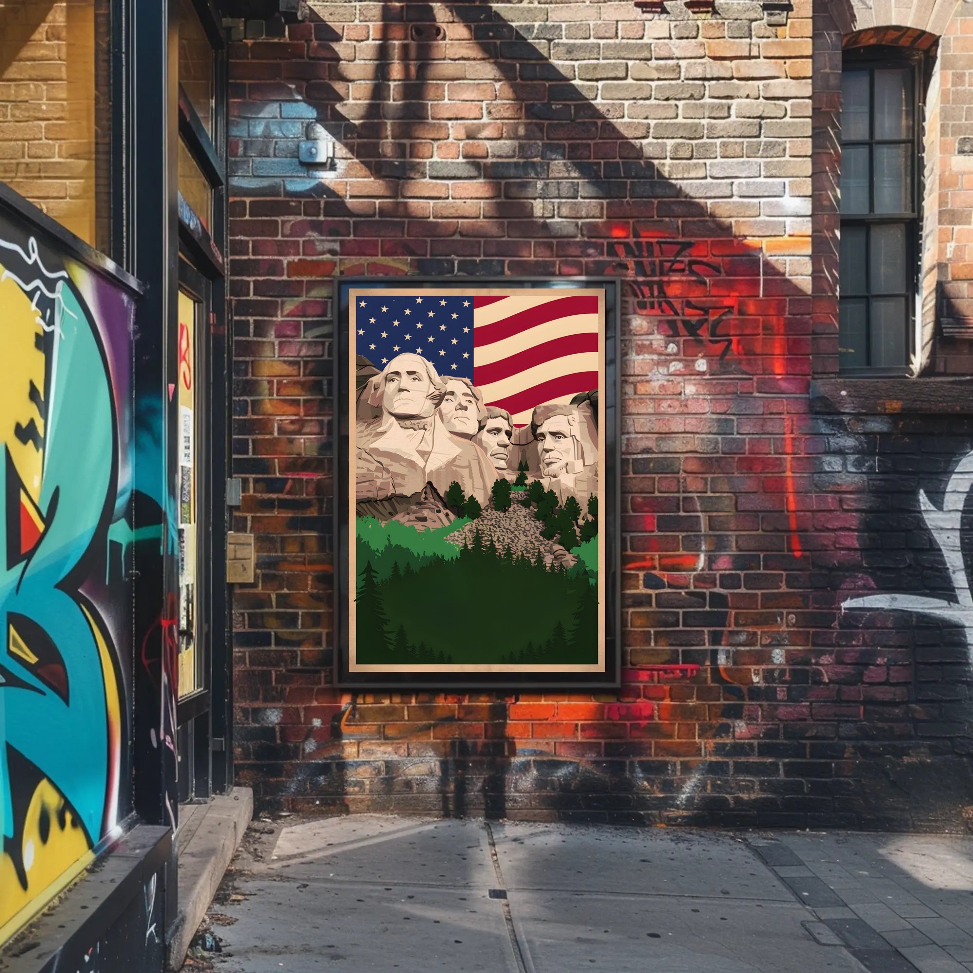 Mount Rushmore and the American Flag Poster