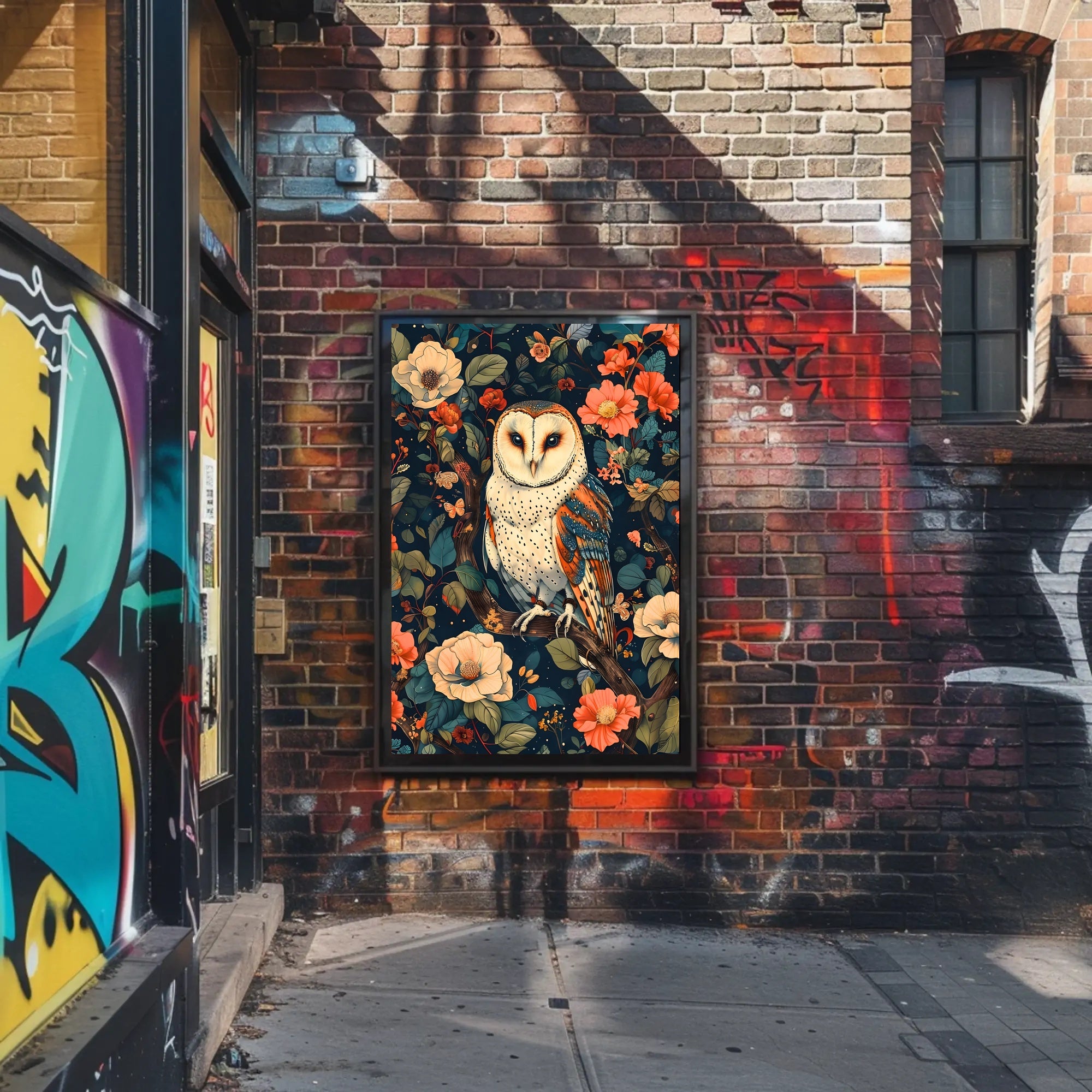 Barn Owl Amid Enchanted Flora: Artistic Animal Poster