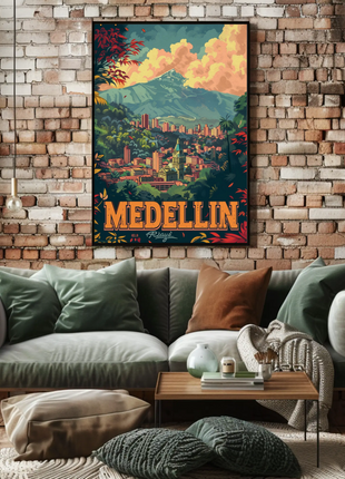 Medellin Colombia Skyline Mountains Sunset Forest View Travel Poster