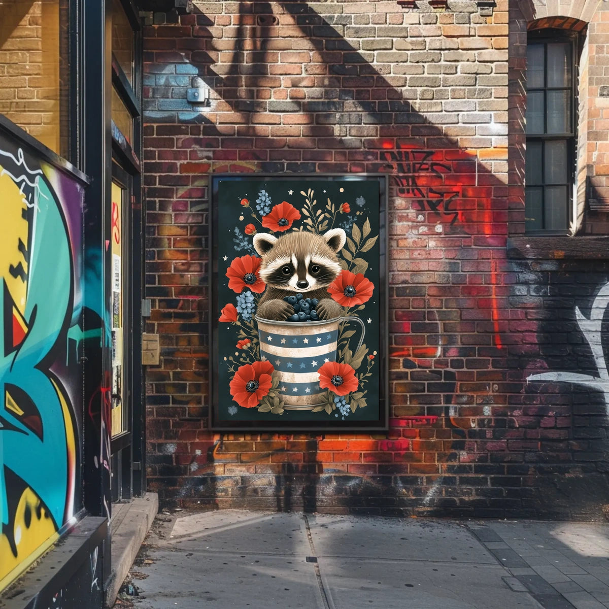 raccoon sitting inside a metal watering can Poster