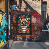 raccoon sitting inside a metal watering can Poster