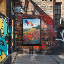 peaceful field of poppies with one large American flag Poster
