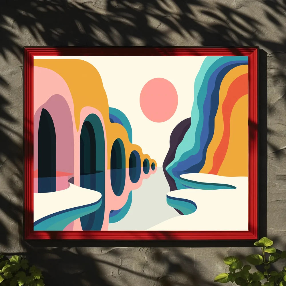Vibrant Abstract Landscape Poster with Surreal Caves