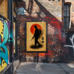 Silhouette Soldier with Crimson Sun WWII Poster