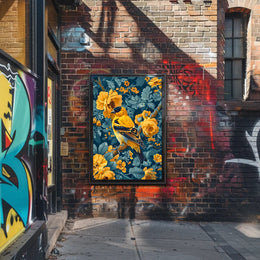 Golden Songbird Wall Art Amidst Blossoms
