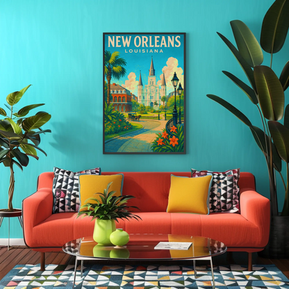 New Orleans Louisiana Cathedral Garden Vintage Travel Poster