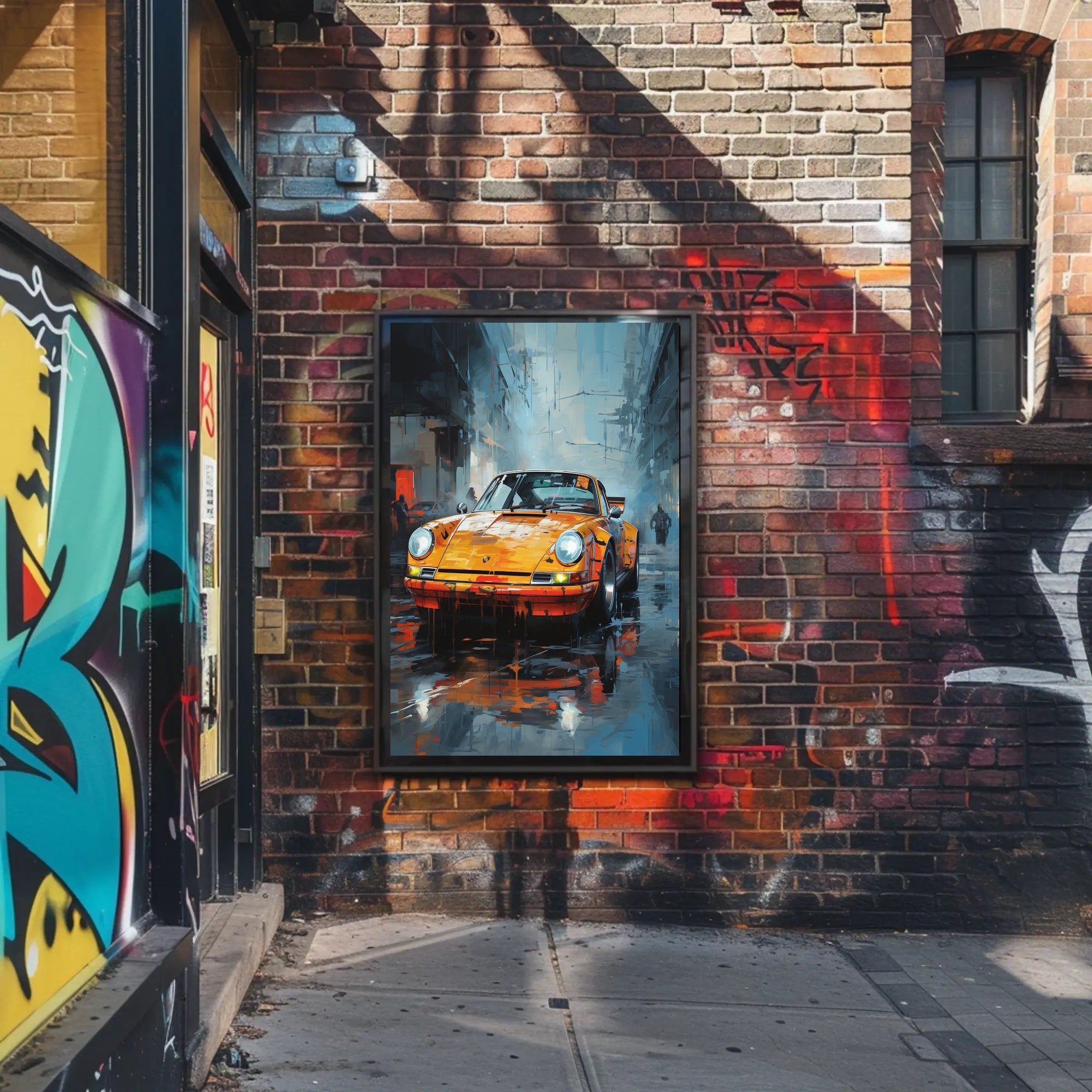 Vintage Sports Car on Rainy Street: Artistic Poster