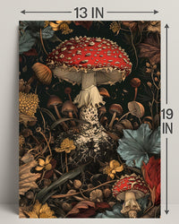 Lush Forest Floor with Enchanting Mushroom Fantasy Poster