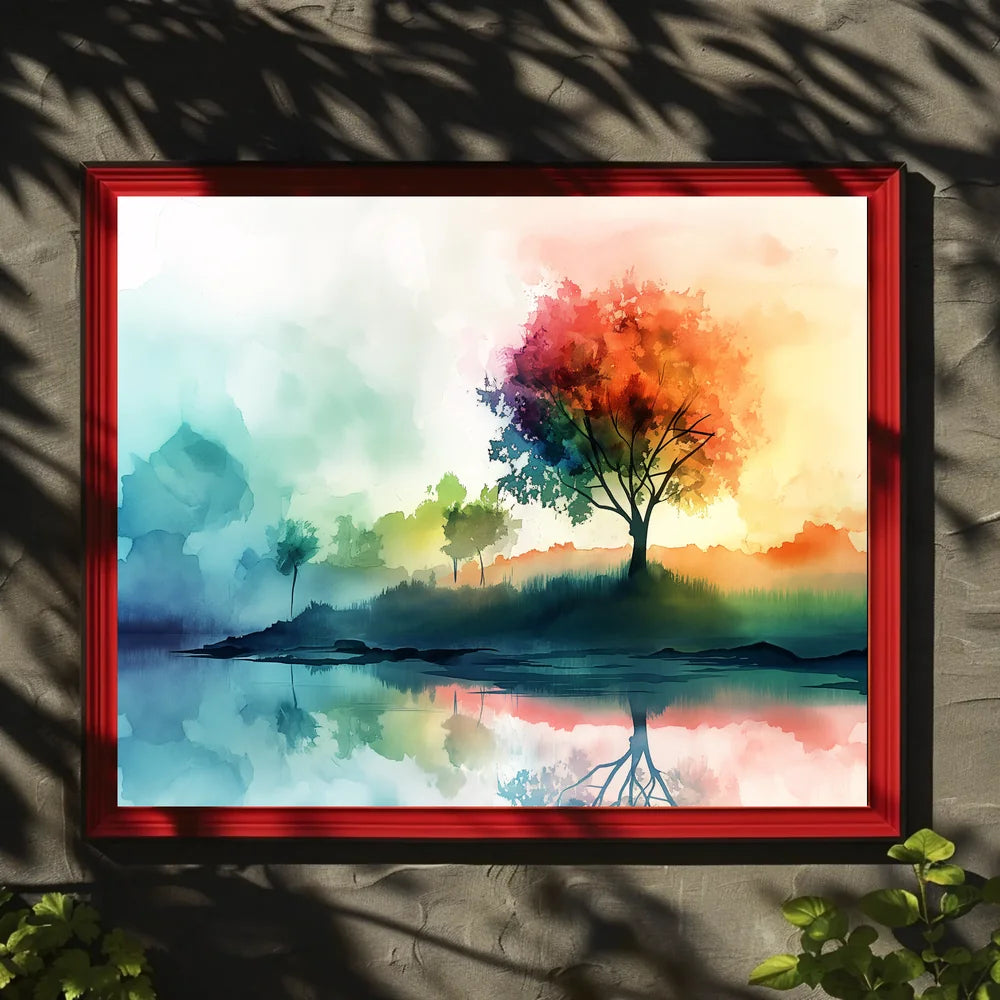 Serene Autumn Reflection Watercolor Landscape Poster