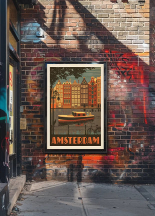 Amsterdam Vintage Travel Poster Depicting Retro Canal Scene