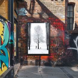 Winter Serenity: Dog Walker in Snowy Landscape