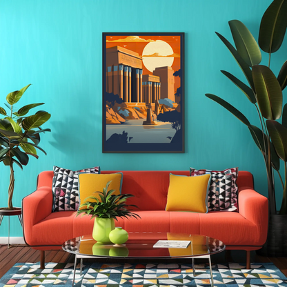Egyptian Ruins Sunlit Columns River Vintage Travel Poster
