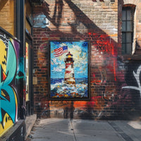 Lighthouse By The Ocean With American Flags Poster