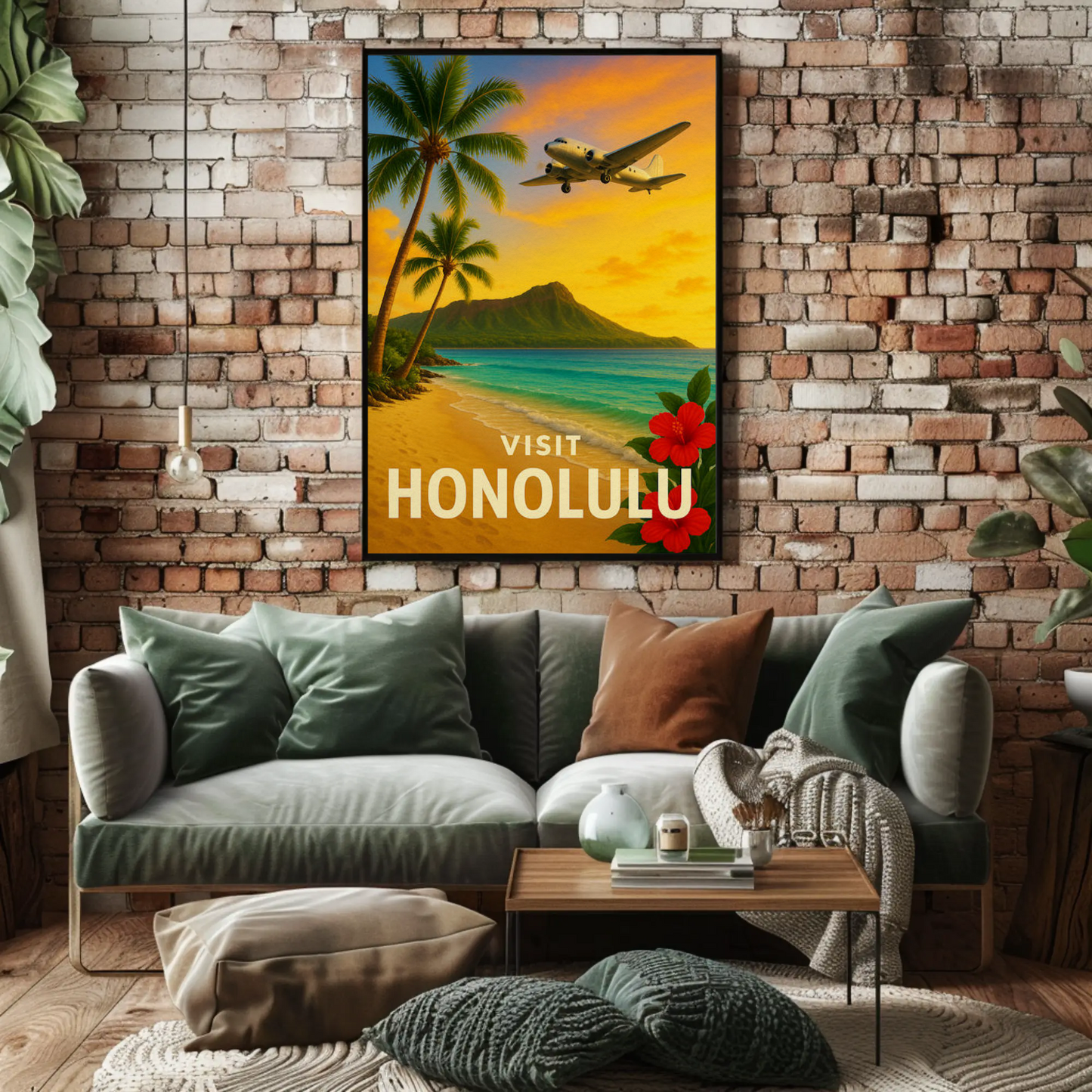 Visit Honolulu Hawaii Vintage Plane Palm Beach Travel Poster