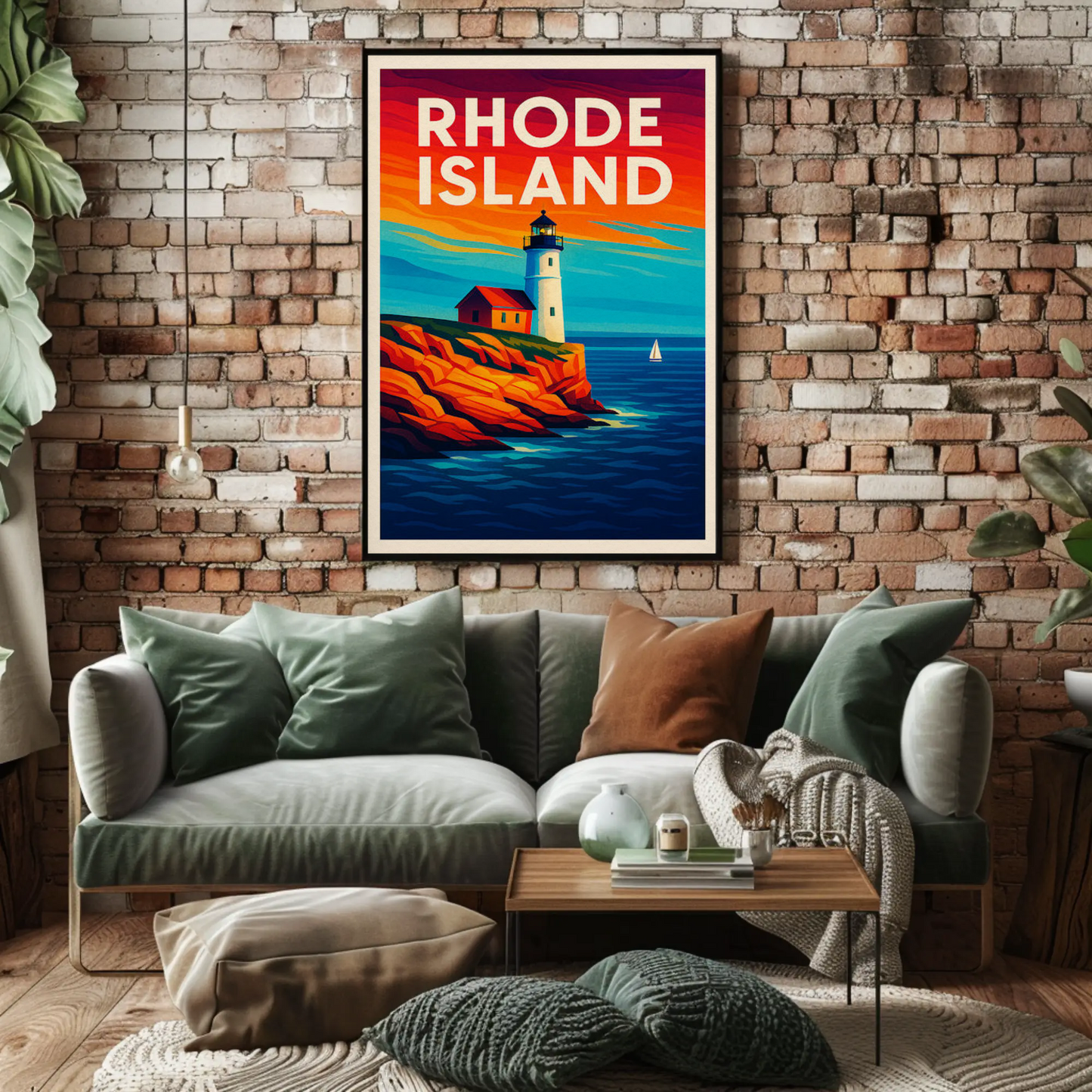 Rhode Island Coast Lighthouse Ocean Sunset Travel Poster