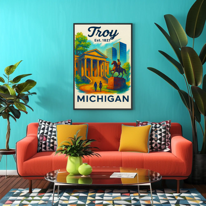 Troy Michigan City Hall Equestrian Statue Vintage Travel Poster