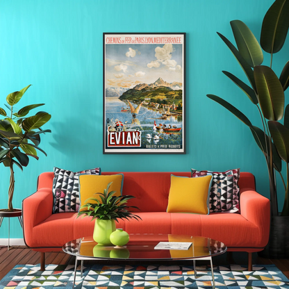 Evian Lake Boats Alps France Vintage Travel Poster