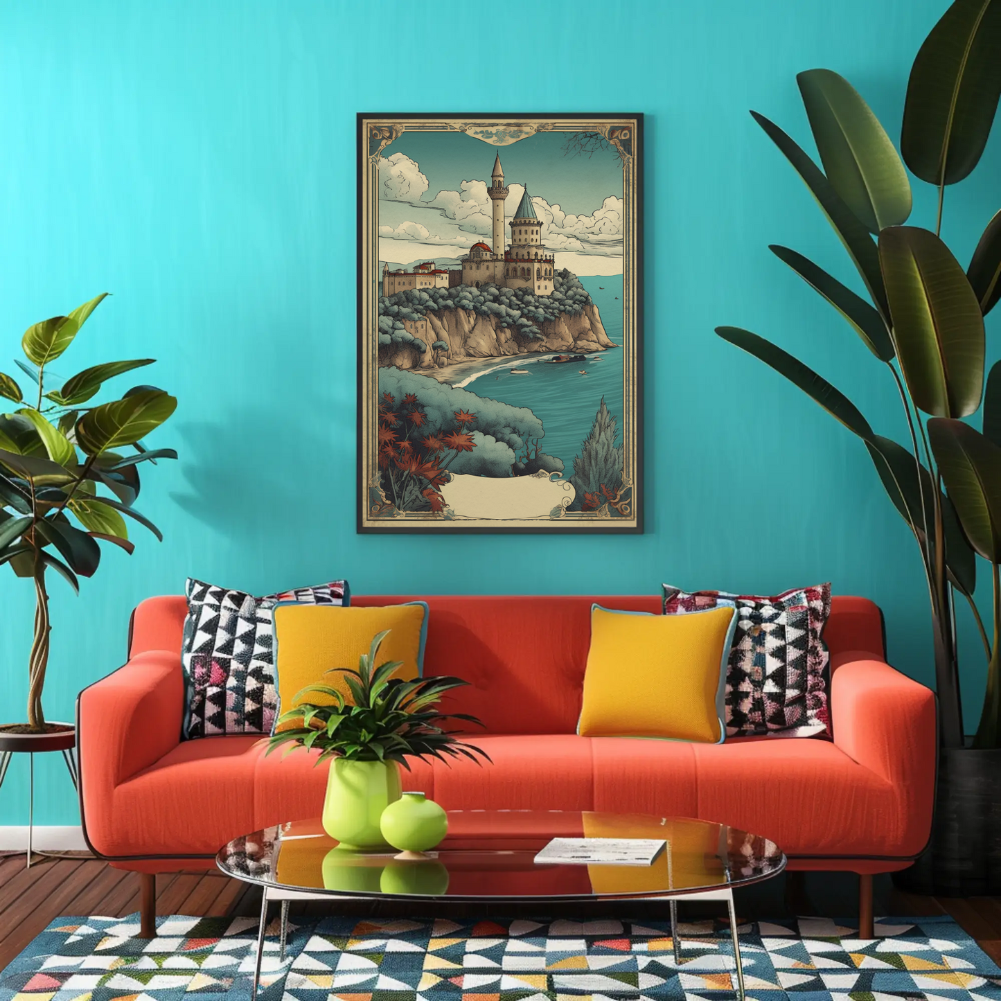Cliffside Seaside Fortress Vintage Travel Poster